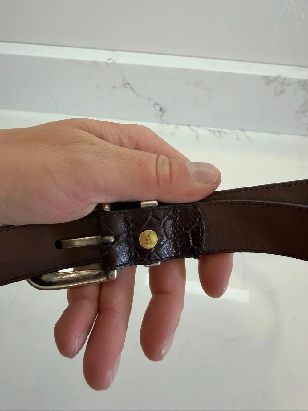 Vintage Croc Leather Belt Silver Buckle Floral Etched Size Large Women’s